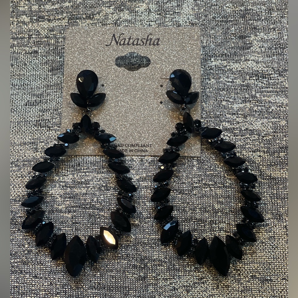 Natasha Couture Black Beaded Dangle Earrings